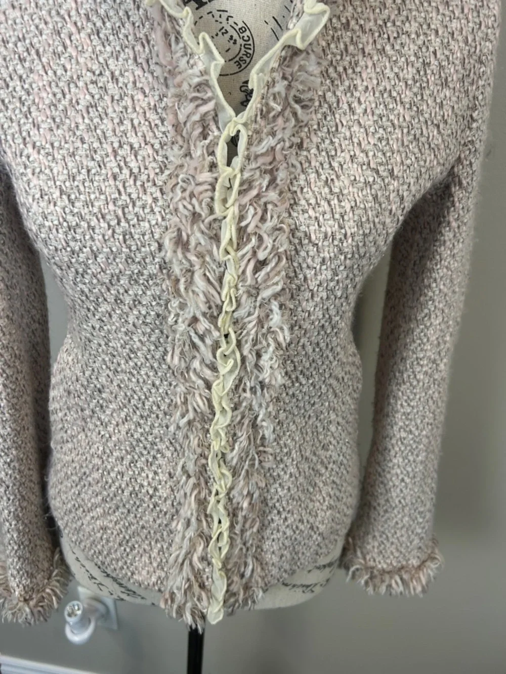 Utd Textured Tweed Jacket Blush Pink Ruffle Trim Fringe Open Front M READ - Picture 7 of 12